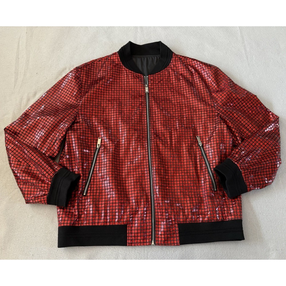 Manzini XXL Red Metallic Geometric Bomber Jacket Mens 56 Full Zip Party Clubwear